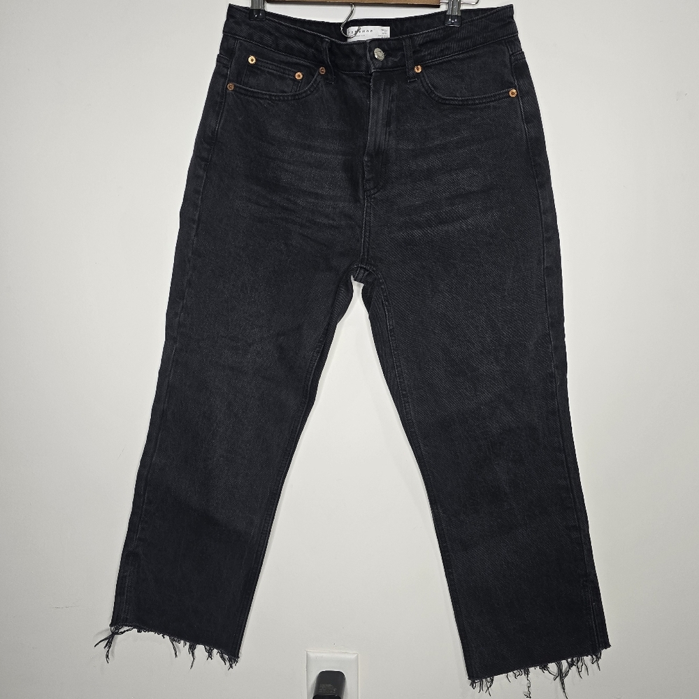 Topshop Straight Leg Jeans Black Raw Hem Cropped High Rise Distressed Womens W32